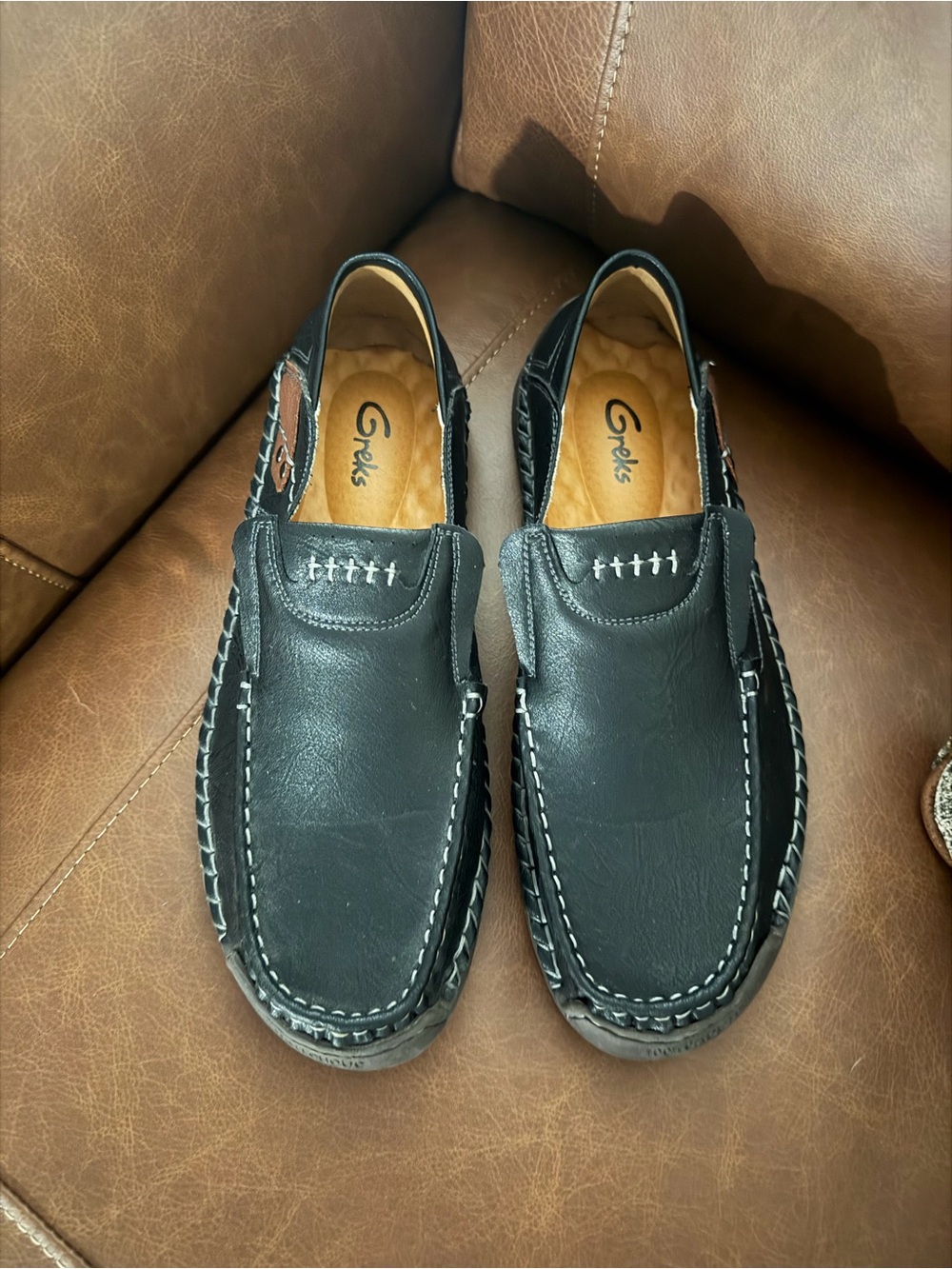 Greks Men's Hand-Stitched Leather Slip-On
Casual Loafers Shoes
Black Size 45 US